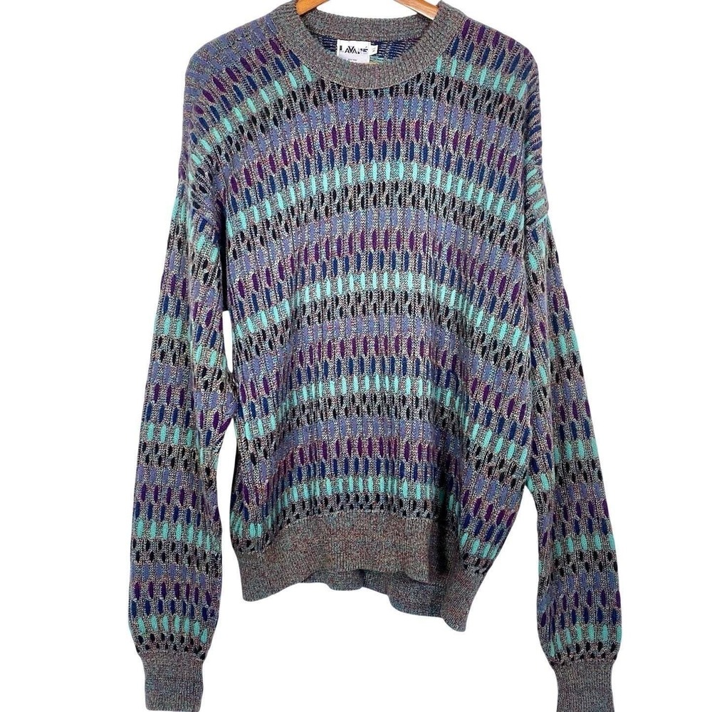 Vtg Lavane Sweater Mens XL Mercerized 3D Geometric Knit 90s Coogi Retro Crewneck
